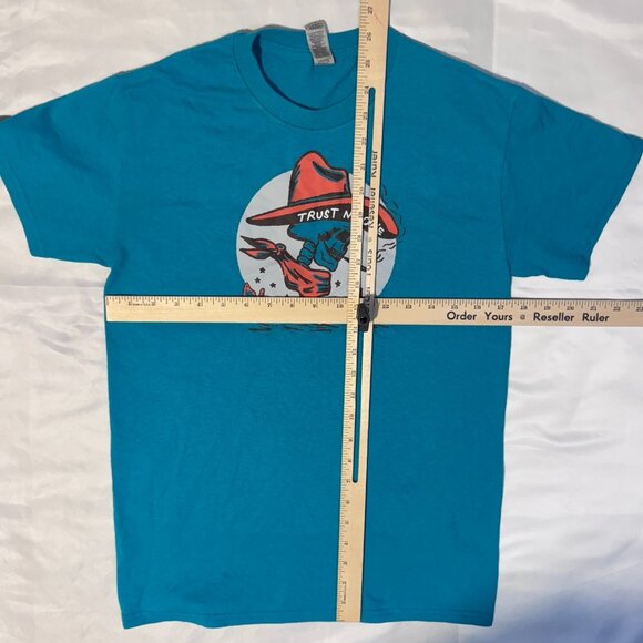 Trust No One Western Skeleton Smoking Cowboy Turquoise Blue Tshirt - Small - Picture 4 of 4
